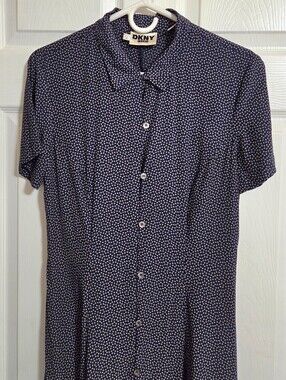 VTG 90s DKNY Navy Micro Diamond Midi Shirtdress!!